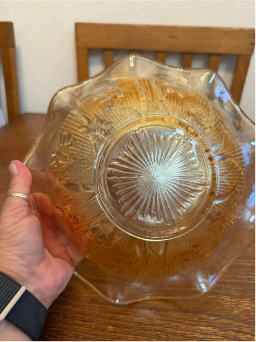 Vintage Amber Depression Glass Ruffled Console Bowl Etched Floral Serving -CH